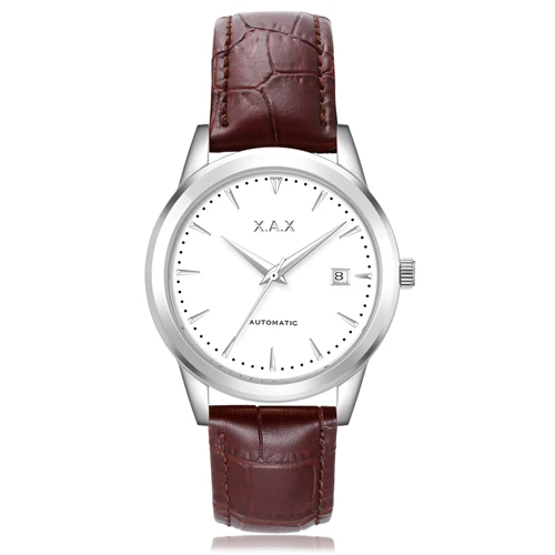 silver white brown Автоматические самовзводные мужские часы из нержавеющей стали, прозрачный чехол на заднюю панель, водонепроницаемые автоматические мужские часы - Color: silver white brown