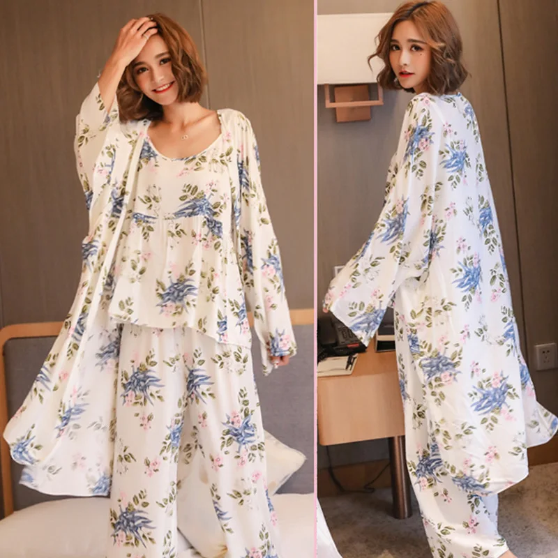 

Sexy Woman Nightie Korean Style Spring Autumn Nightgown Three Piece Set Floral Print Long Sleeve Camisole Pajamas Set