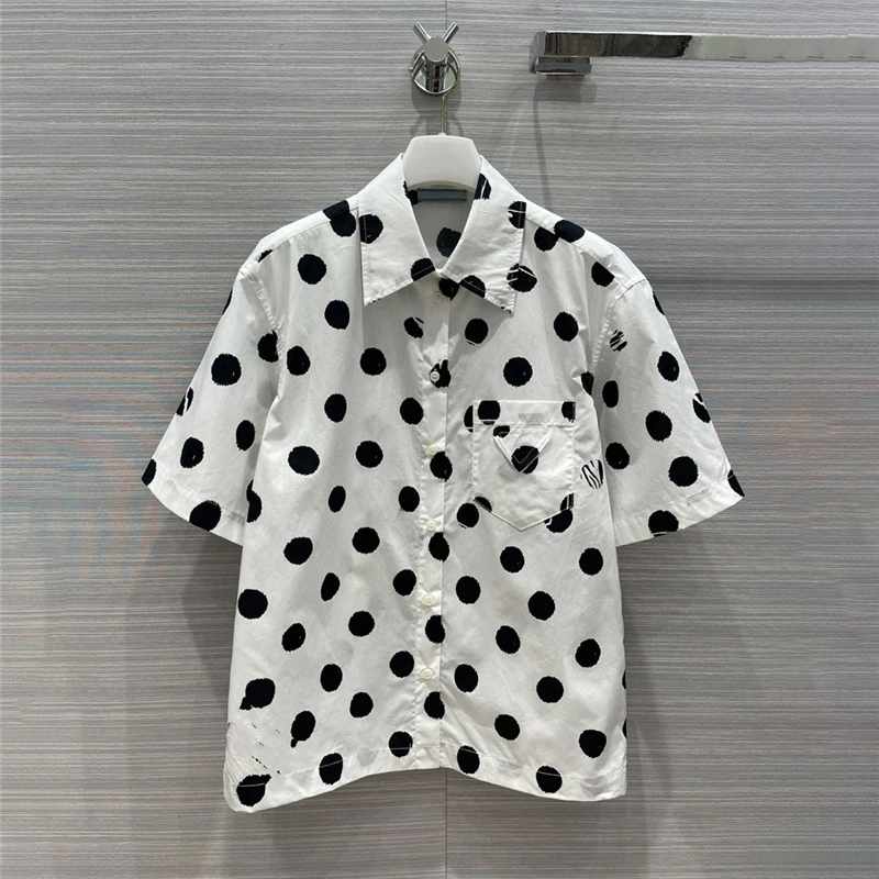 

2021 Summer New Fashion Polka Dot Print Lapel Single-breasted Short SleeveShirt Women's Fashion PocketPrinted Casual Top T-shirt
