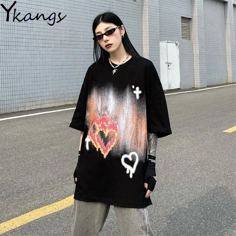 

Женская футболка с принтом пламени и граффити, Летняя Повседневная рубашка с коротким рукавом и круглым вырезом в стиле хип-хоп, Y2k
