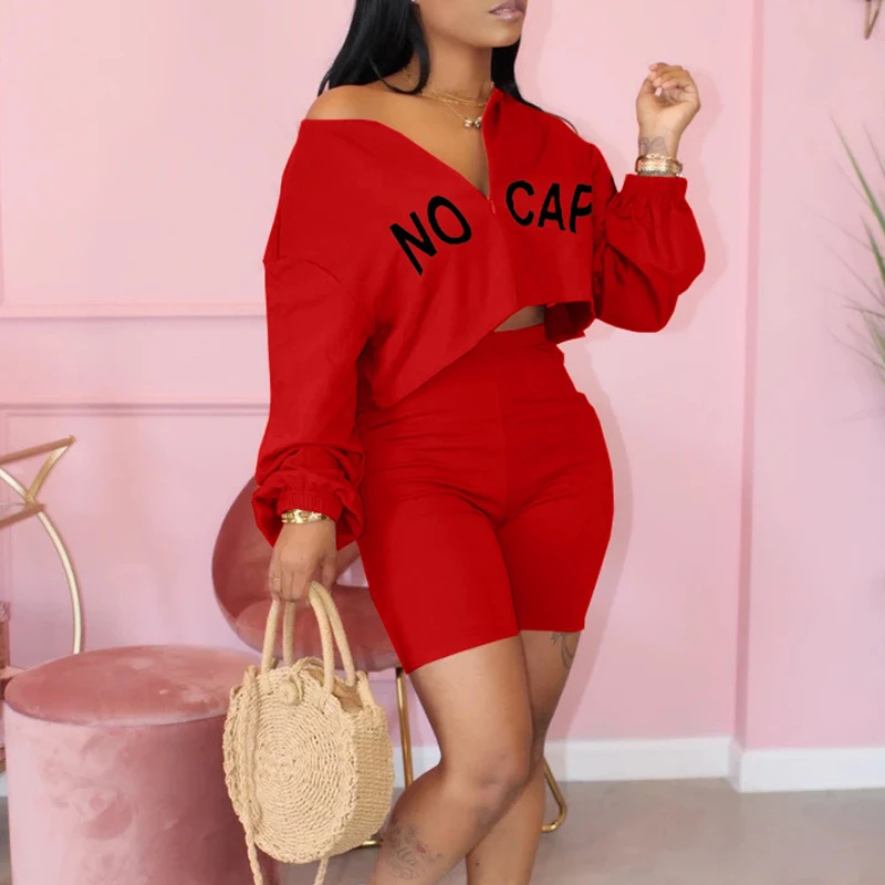 

Fashion Women Letter Print Zipper Long Sleeves Casual Tops Shorts Outfits TC21