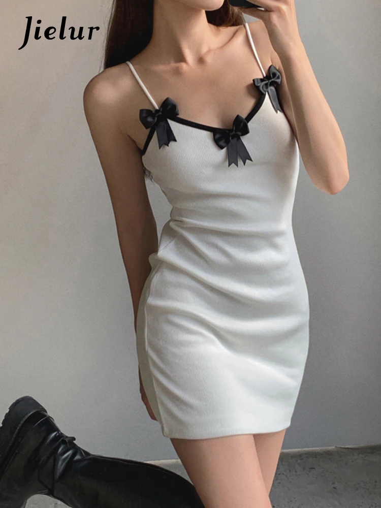 

Jielur Bow Camisole Dress Women Sexy V-neck High Waist Women's Dress S-L A-line White Short Bodycon Dresses Womens Summer