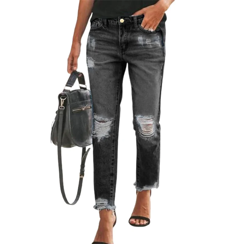 

Women Lady Ripped Denim Skinny Jegging Frayed Slim Fit Straight Pencil Trousers