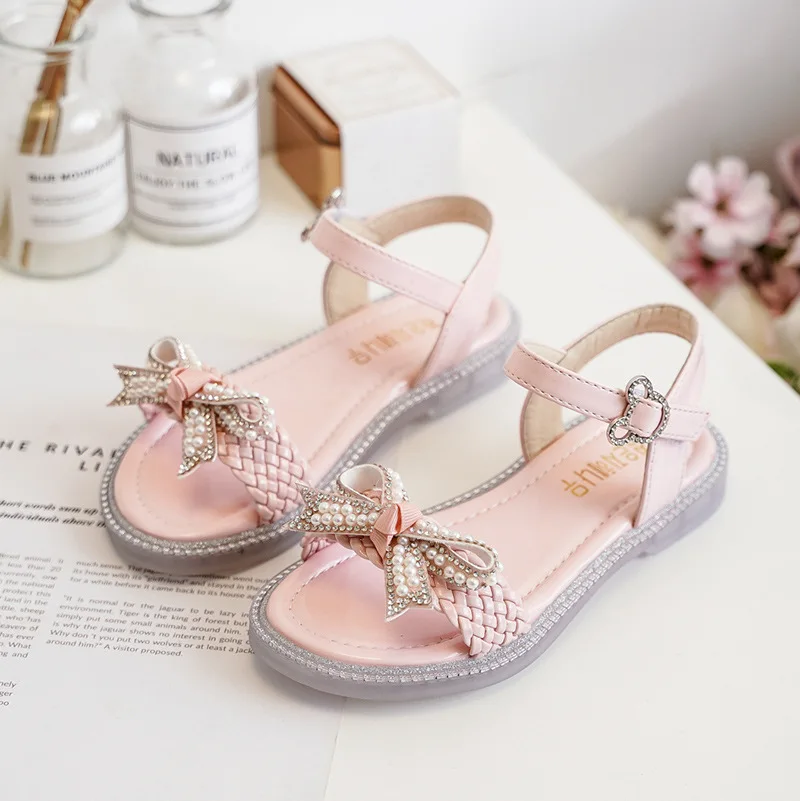 

3-12 Fashion Bow Teenage Girls Shoes Braided Sandals For Little Girl Sports Summer 2021 Dress Children Crystal Princess Shoes