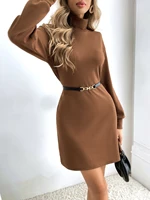 2022new spring autumn womens fashion loose knit dress female solid color slim high neck skirt lady casual long pullover sweater