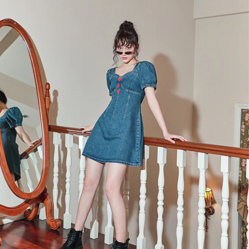 

2021 Summer Women Vintage Blue Denim Dress Elegant Short Puff Sleeve Backless High Waist A-line Dress Casual Vestidos Female