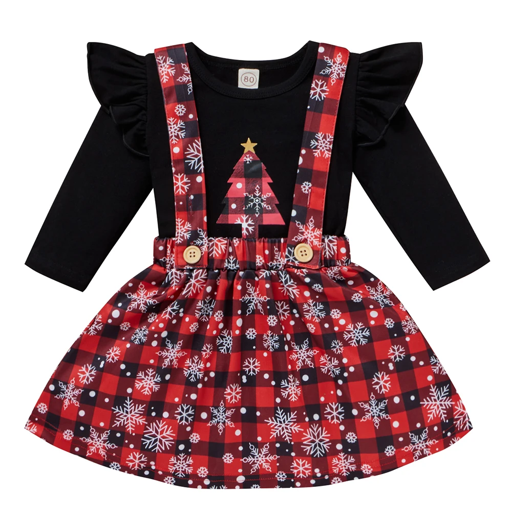 

Christmas Newborn Baby Girls Pullover Round Neck Cotton Casual Autumn Long Sleeve Knit Elastic Waist Snowflake Print Party Skirt