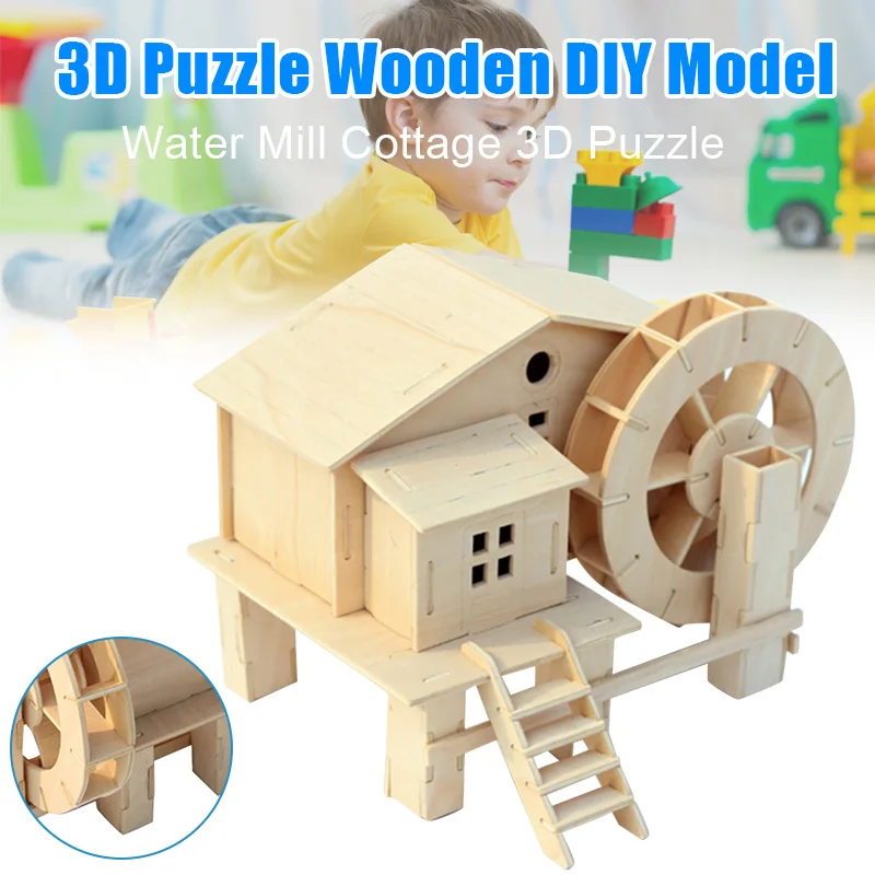 

2019 New Water Wheel Woodcraft Construction Kit Watermill Cabin 3D Wooden Model Puzzle for Kids