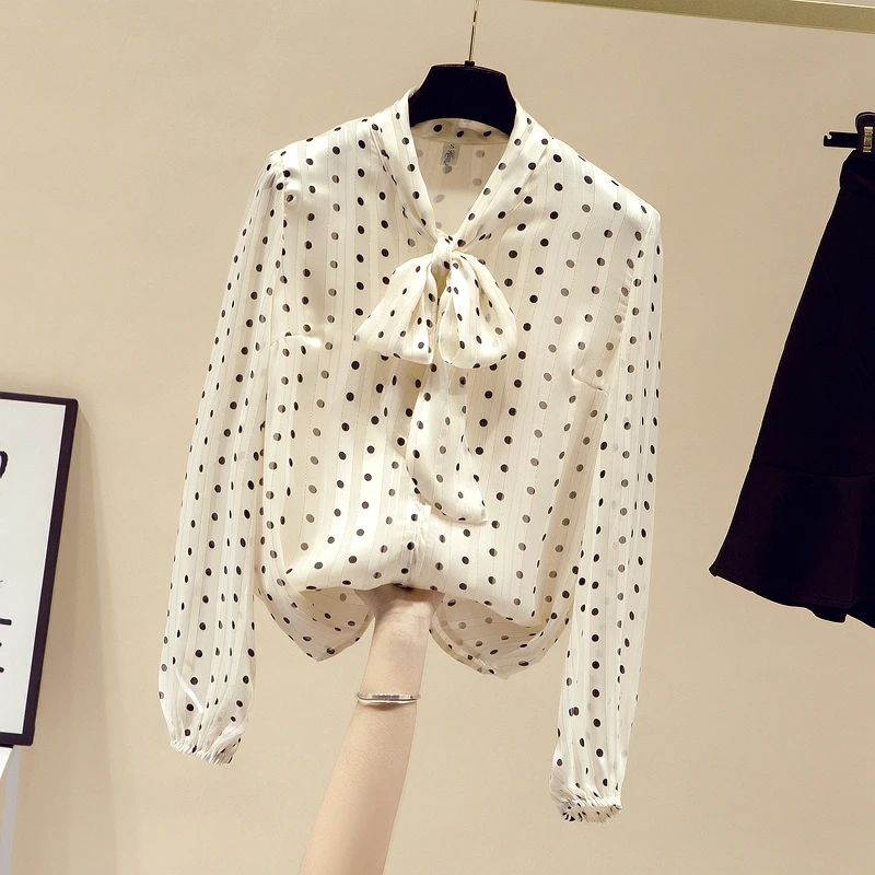 

Новинка 2022, женская шифоновая рубашка, весна, длинный рукав, галстук-бабочка, топ, Ретро стиль, рубашка в горошек, большие размеры, свободные ...
