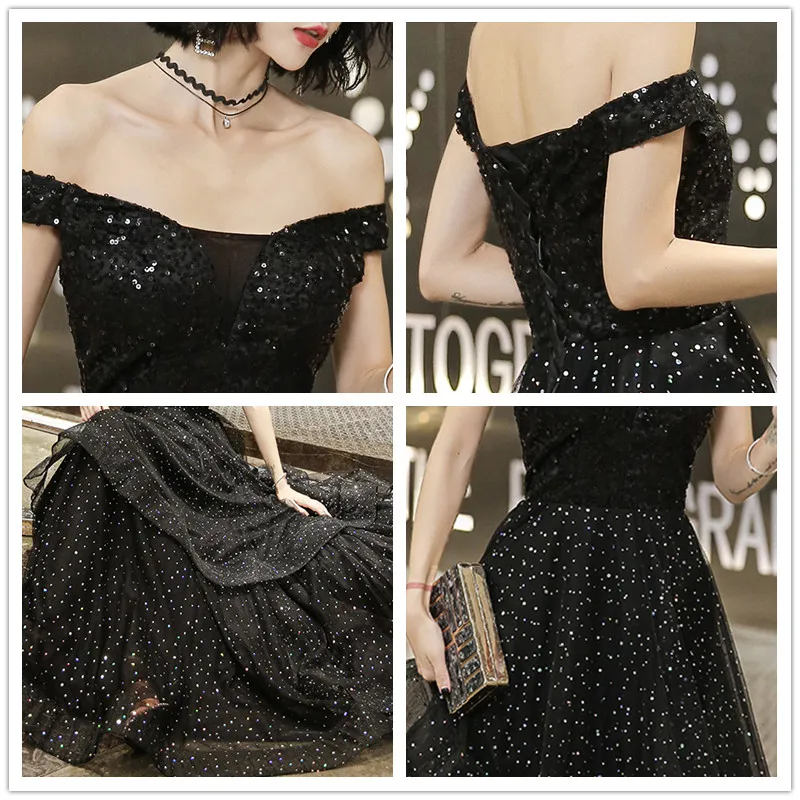 

Off The Shoulder Evening Dresses CR407 Black A-Line Robe De Soiree Shining Sequin Women Party Gowns Lace Up Elegant Dress 2020