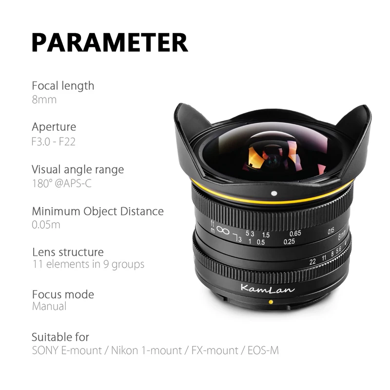 Быстрая доставка Kamlan 8 мм F3.0 фотообъектив с широким углом и фиксированным фокусом