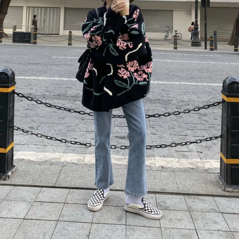 

Women 2021 Autum Fashion Retro O-neck Printed Knitted Jumpers Female Casual Sweater Tops Ladies Thicken Warm Pullovers M446