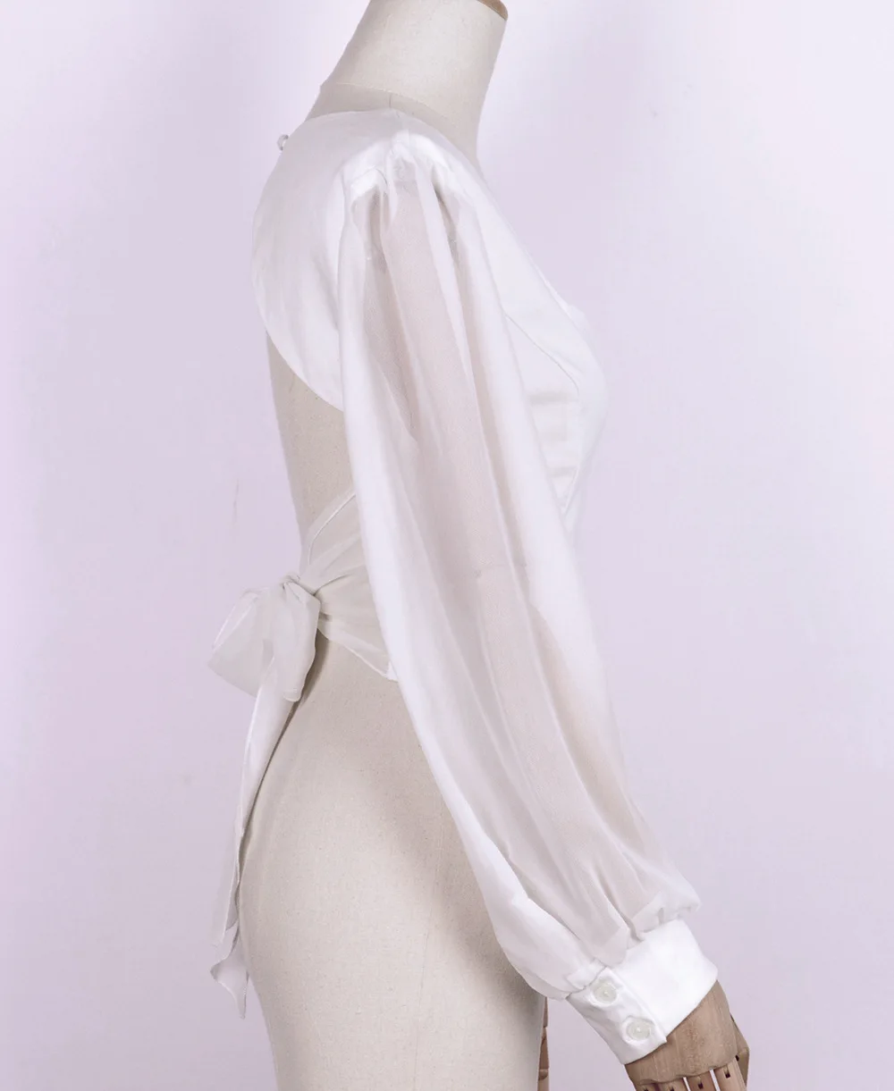 

Sexy Crop Top T-shirt Women Lantern Sleeve Y-V-Neck Copped Short Backless Skinny Summer Clothes Tops Chiffon Tee Shirt Femme