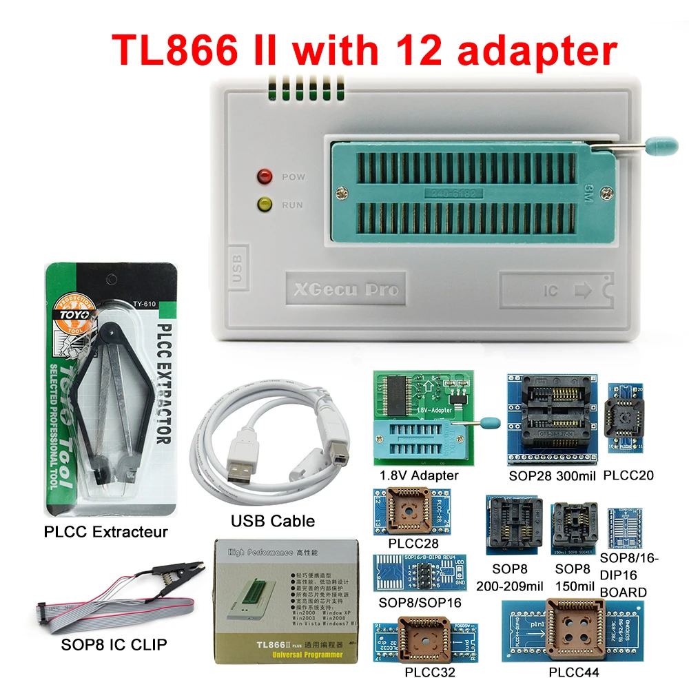 Программатор minipro V10.22 TL866II Plus + 12 адаптеров лучше чем программатор TL866CS/TL866A USB