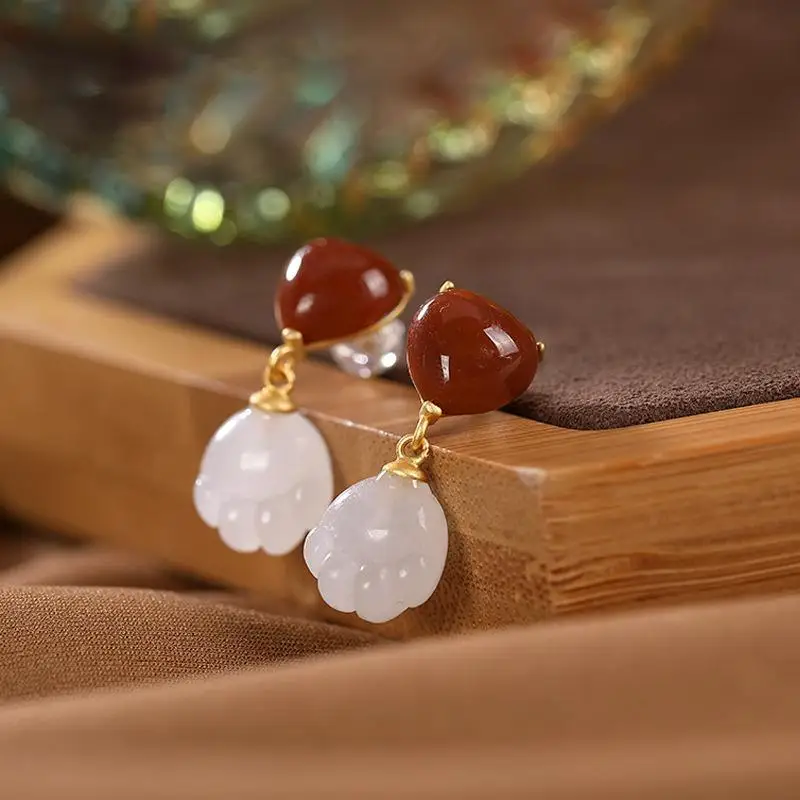 

Original natural Hotan white jade orchid South Red Love Earrings Chinese style retro minority design charm women's brand jewelry