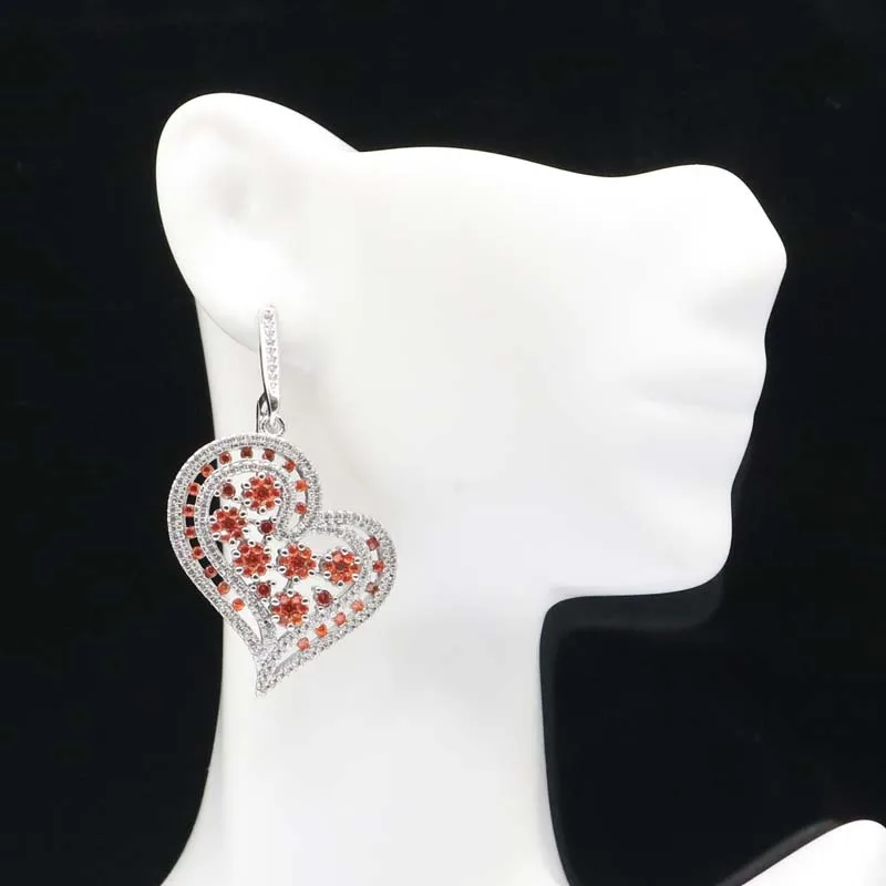 47x30mm Fancy Heart Shape Created Orange Spessartine Garnet Bright Zircon Ladies Silver Earrings | Украшения и аксессуары