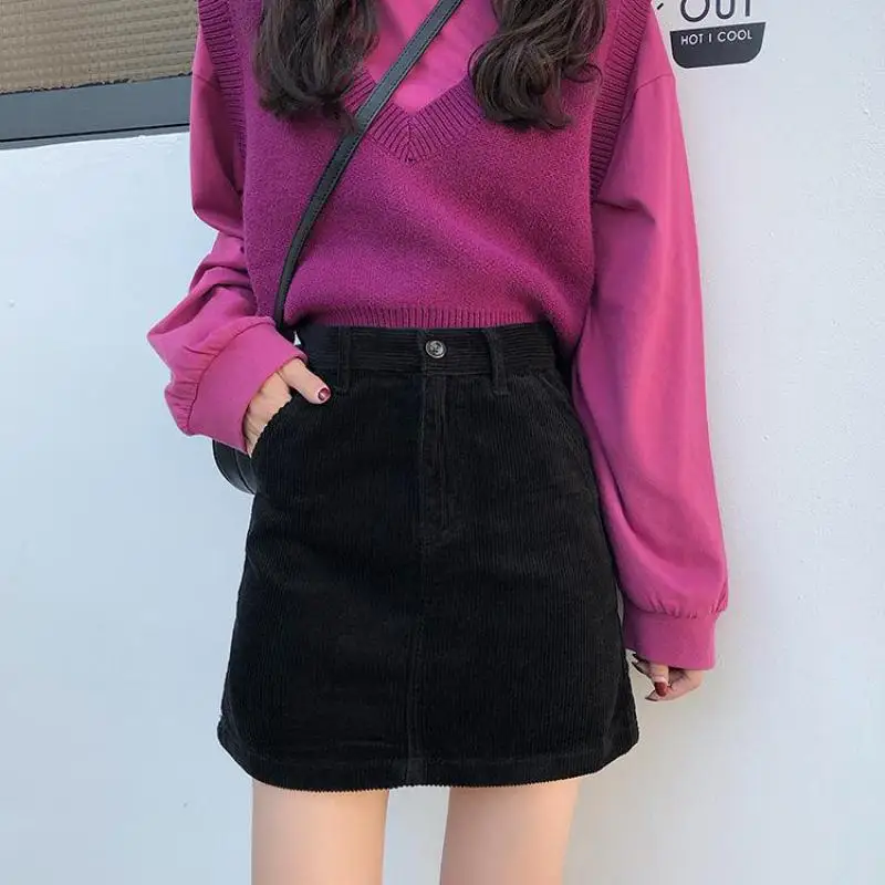 

2020 Autumn New High Waist Slim Corduroy Bag Hip A-line Skirt Simple Wine Red Casual All-match Women Mini Skirt Free Shipping