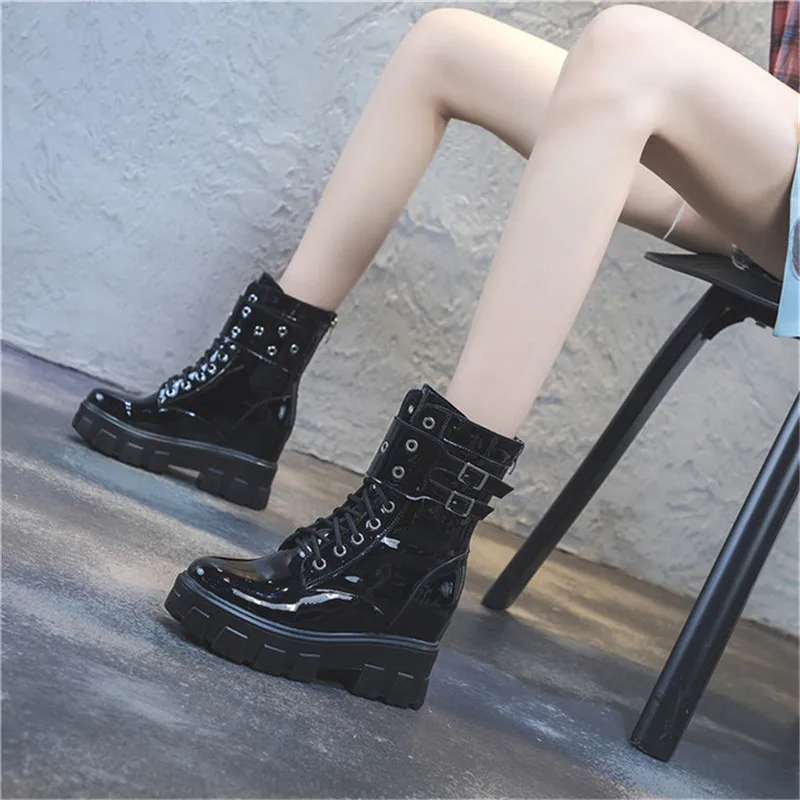 

classic Fashion women boots Patent leather gothic platform shoes Autumn Winter New Mid-Calf Motorcycle boots white women's shoes
