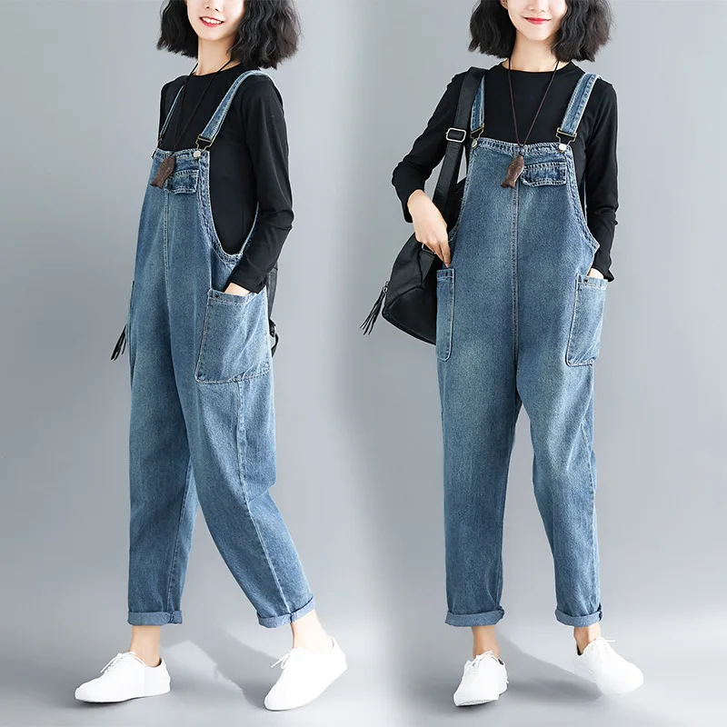 

Spring Vintage Denim Jumpsuit For Women Fashion Personality Double Big Pockets Simple Casual Loose All-Match Female Overalls