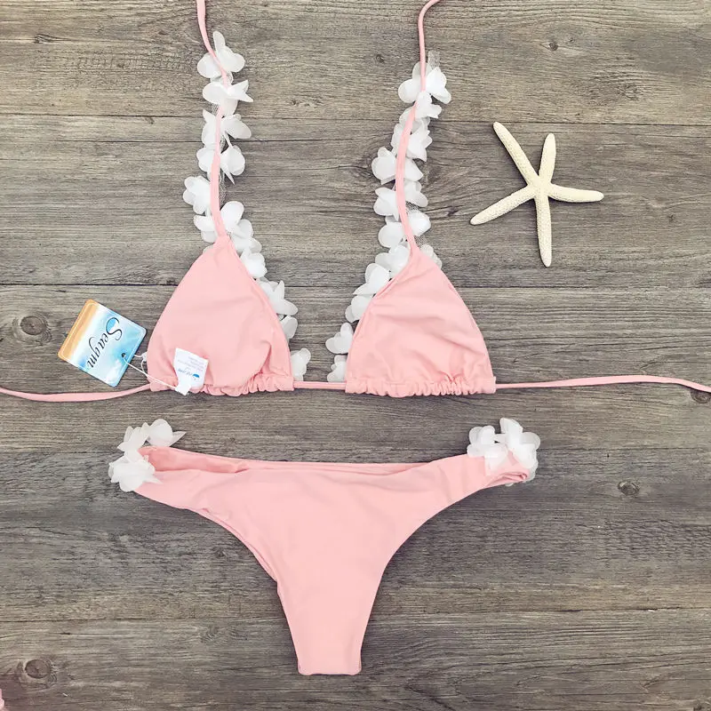 Сексуальные стринги бикини для женщин 2020 Цветочные украшения комплект мягкий