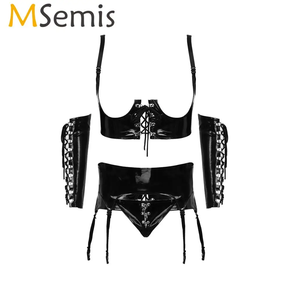

MSemis Women Sexy Wet Look Patent Leather Lingerie Set Open Bust Half Cups Crop Corset Top Garter Panties G-string Underwear