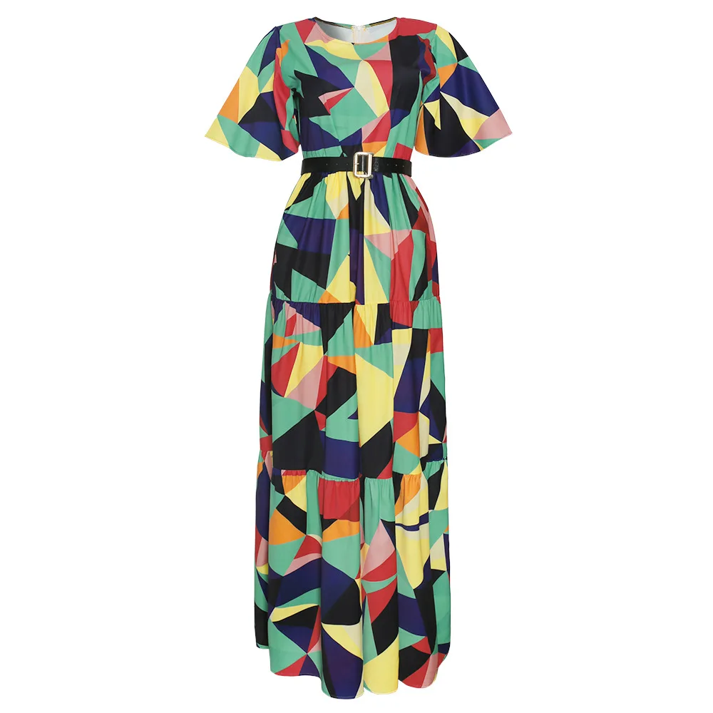 2021 Spring Summer Women's Dress African Print Boho Long Dresses Muslim dresses  Elegant Short Sleeve Chiffon Robe With belt