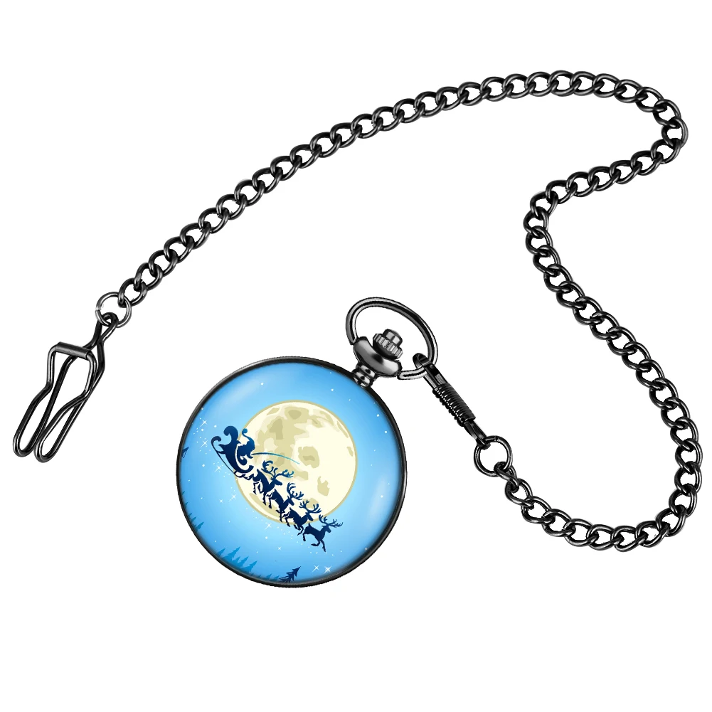 Christmas Eve Pocket Watch Set Quartz Black Pocket Clock Arabic Numerals Dial Pendant Alloy Necklace Gift Box for Son Daughter