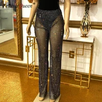 women mesh rhinestone see through fishnet trousers crystal hollow out beach bikini swimsuit cover up rave festival bottoms pants