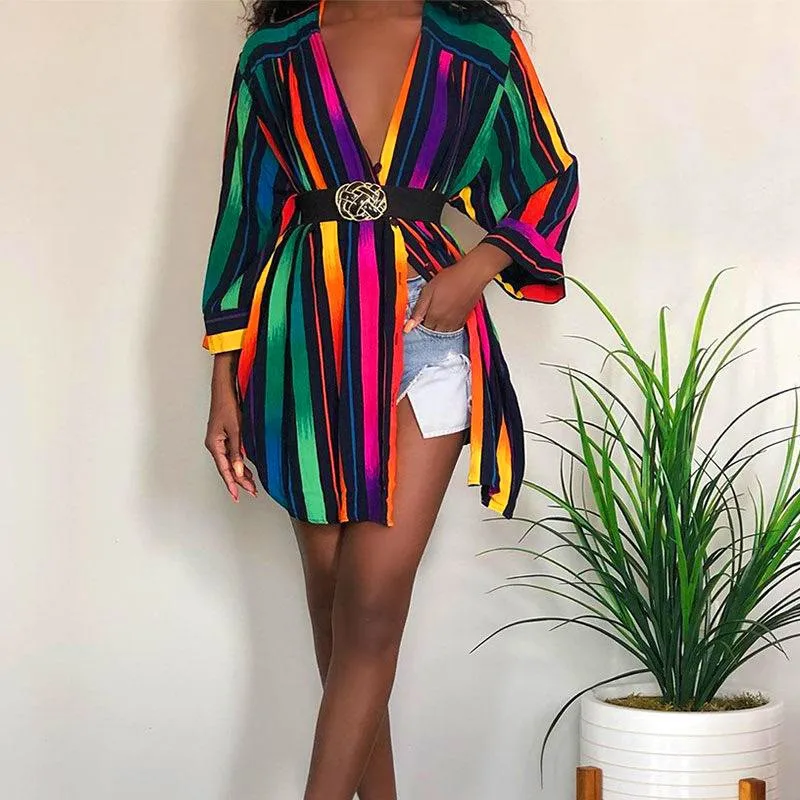 

2022 Spring And Autumn Women'S New Release Conference Casual Button Stripe Mid-Sleeve Shirt Dress 1618