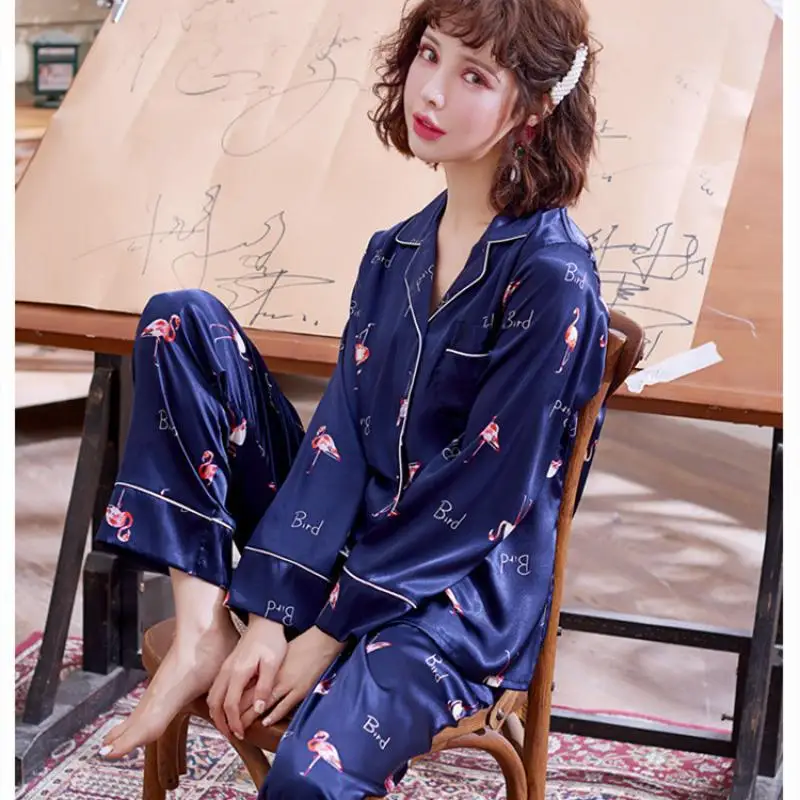 Women Silk Satin Lapel Long Sleeve Pajama Set Autumn Winter Lady Sleepwear Fashion Simple Dots Silk Blacktrousers Set