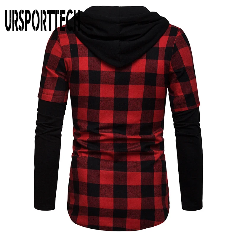 URSPORTTECH Men's Shirt Spring Autumn Quality Plaid Shirts Hooded Outwear Long Sleeve Casual Male Chemise Homme EU Size S-XXL