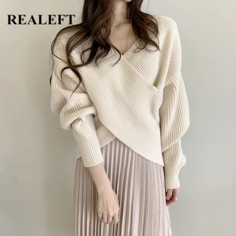 

REALEFT 2021 New Autumn Winter Front Cross Women's Sweater V-Neck Long Sleeve Casual Loose Knitting Pullovers Knitwear Chic Tops