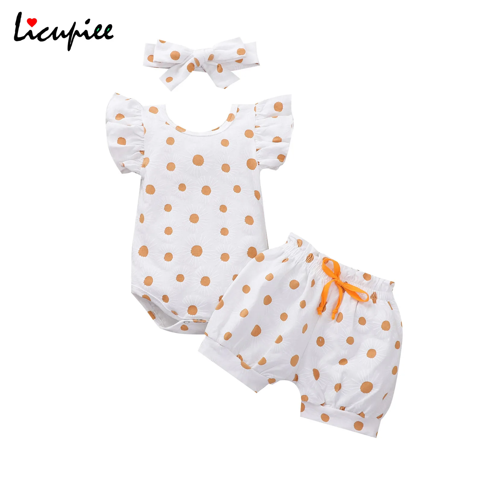 

Модный повседневный Детский костюм в горошек, комбинезон с коротким рукавом и круглым вырезом, эластичные шорты повязка с бантом на 0-24 меся...