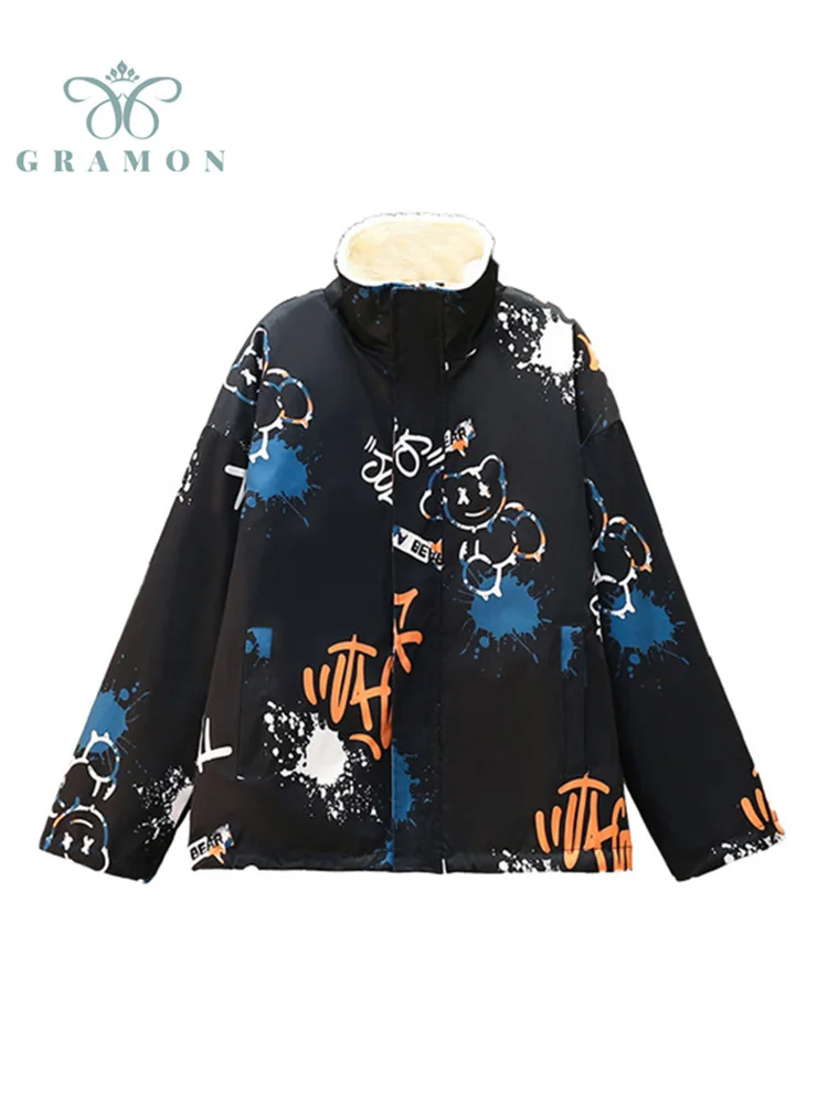 

Зимняя женская куртка с воротником-стойкой, плюшевые плотные теплые пальто, женская одежда с обеих сторон, модная женская зимняя куртка ове...