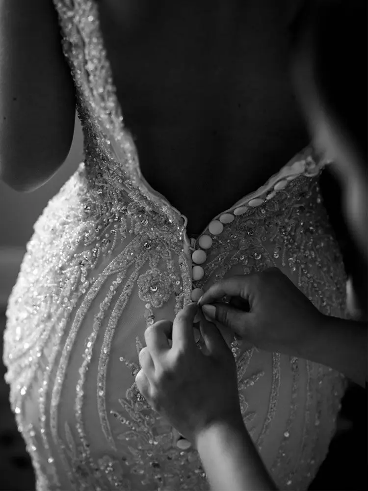

Sparkly Beading Lace Mermaid Wedding Dress Detachable Train 2021 Luxury Heavy Beaded Spaghetti Strap Applique Bridal Gown Dress