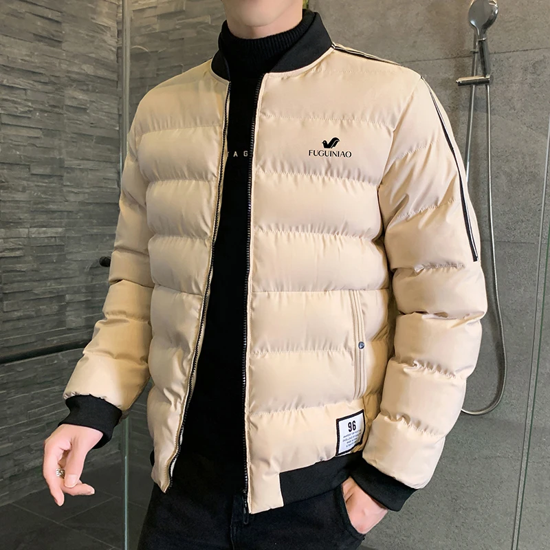 Down jacket brand stand collar casual side sewn pocket zipper in solid color winter cotton padded coats for men