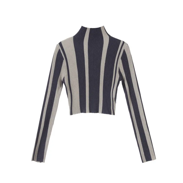 Женский укороченный свитер облегающий трикотажный пуловер в полоску с высоким