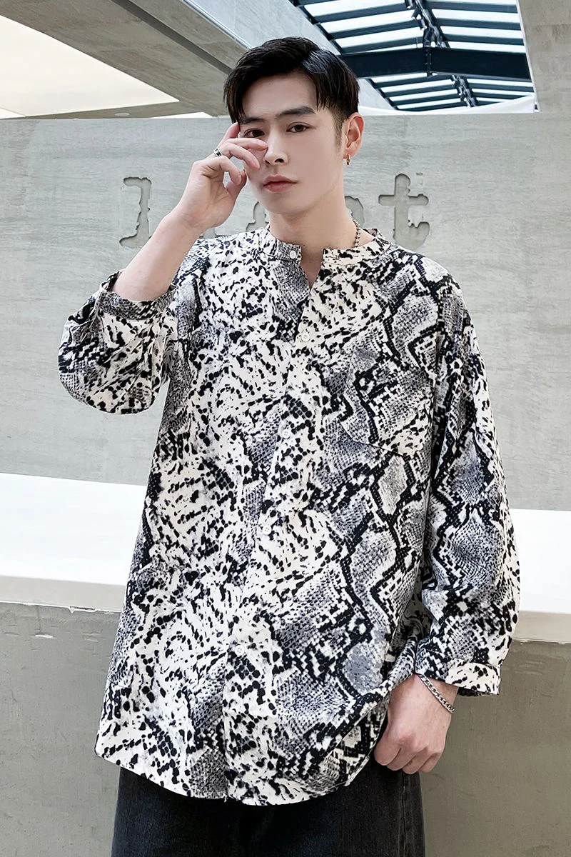 

IEFB Men's Short Sleeve Shirt Leopard Pattern Stand Collar Three Quarter Sleeve Trendy 2021 Summer New Thin Shirts 9Y8386