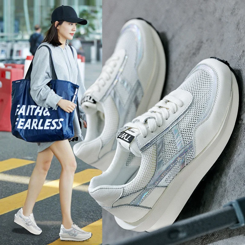 

Chunky Sneakers Genuine Leather Casual Woman Shoes Classic Dad Soles Mesh Breathable Ladies White Platform Running Footwear 2021