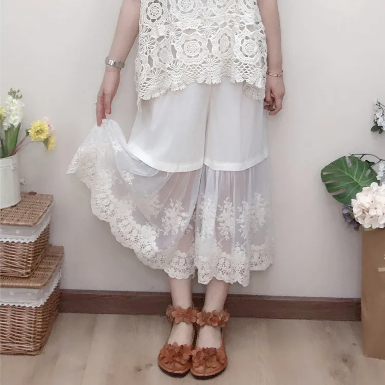 Японские Леггинсы в стиле ретро из чистого хлопка с кружевной вышивкой Mori Girl