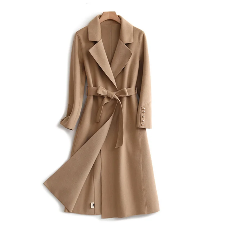 Женское шерстяное пальто однотонное Свободное с поясом Тонкий Повседневный