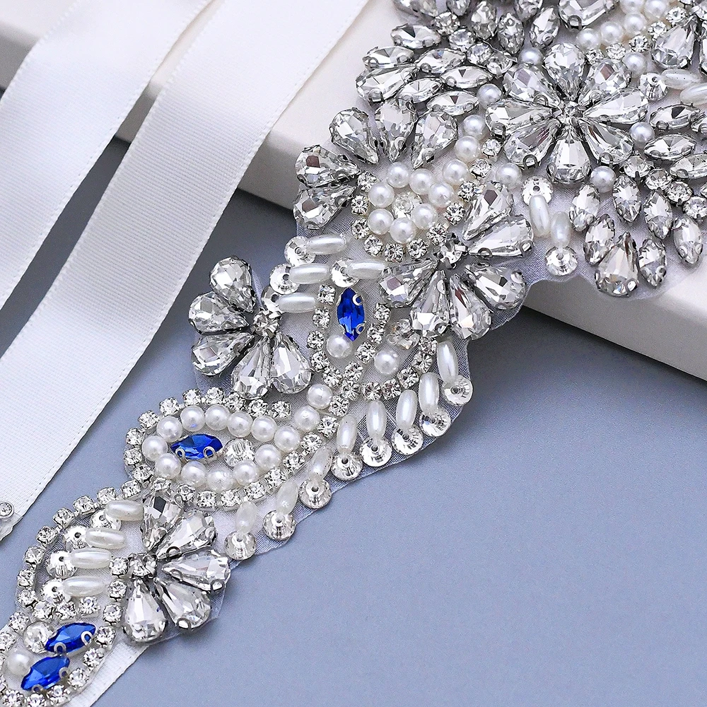 S487 Ручной работы синий Стразы пояс для невесты роскошные свадебные аксессуары