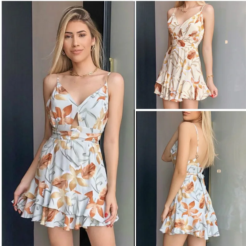 

Sexy Suspender Dress Ladies Halter Dresses Print Mini Robes Femme Summer Beach Women Casual Outfits Slim Streetwear Club Clothes