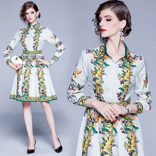 

2019 fall autumn Runway Long Sleeve Dress Women's Belted Collar Multicolor Floral Print Vintage Elegant Dress