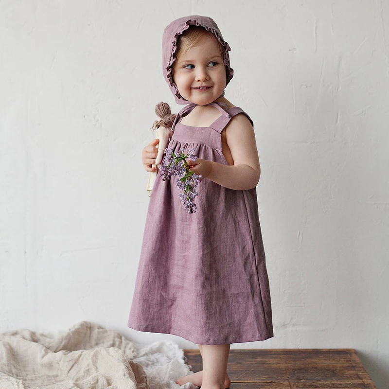 

2021 summer suspender Linen dress wide shoulder square collar dress solid color temperament new children's clothing TZ32
