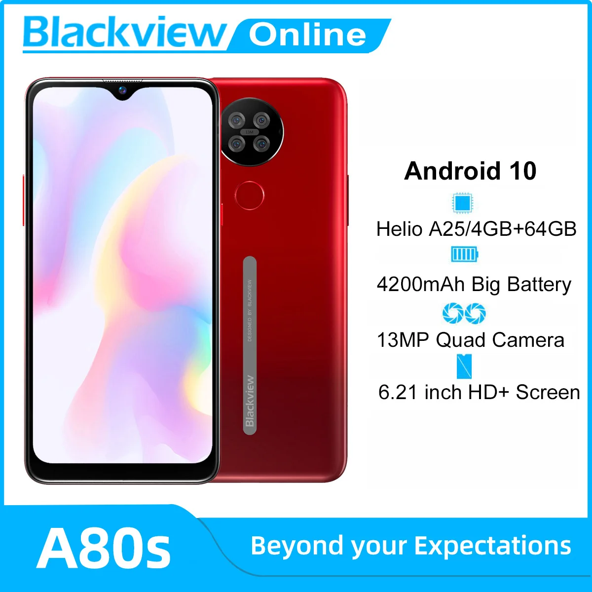 

Blackview A80s Android 10 Smartphone 4GB RAM+64GB ROM Octa Core 13MP Rear Camera 4200mAh Face Fingerprint Unlock 4G Mobile Phone