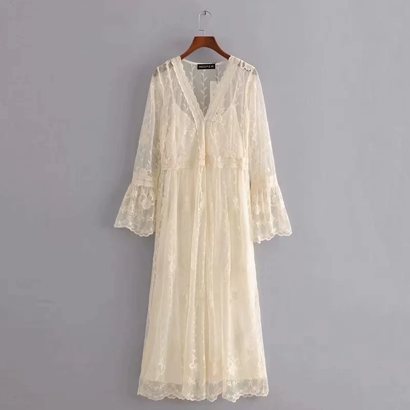 

Stylish Beige High Waist Midi Dress 2021 Summer Hollow Out Thin Dresses Elegant Female Party Sundress