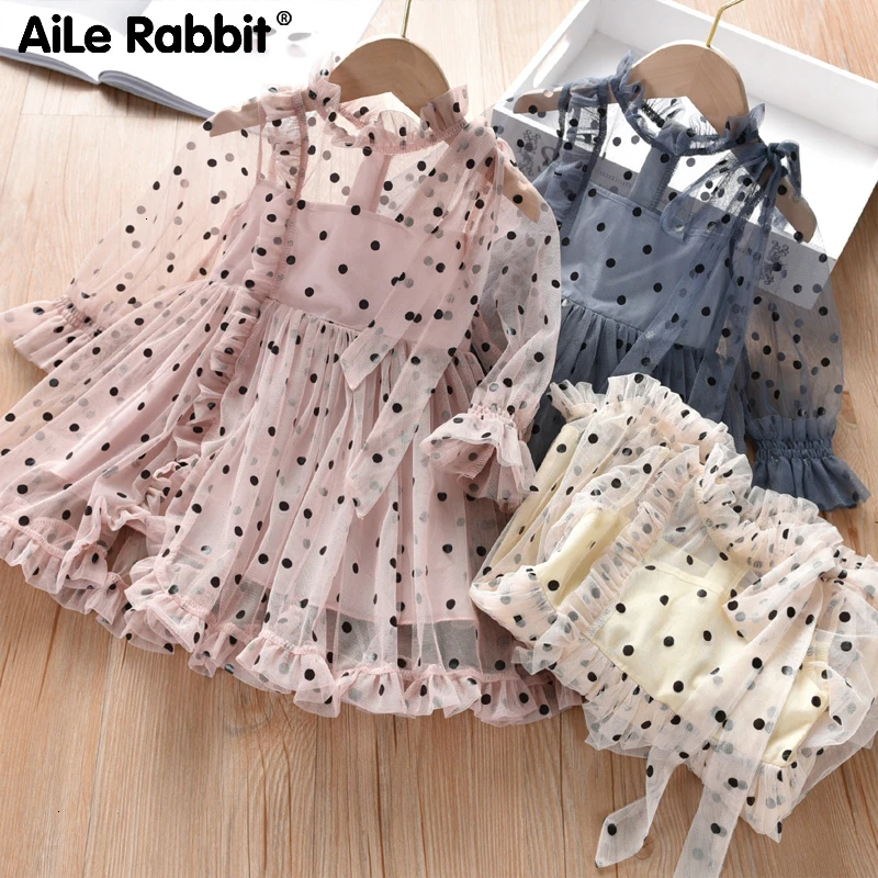 Fashion Girl Party Dresses Mesh Dots Long Sleeve Children Princess Dress Casual Elegant Kids Baby Clothes |