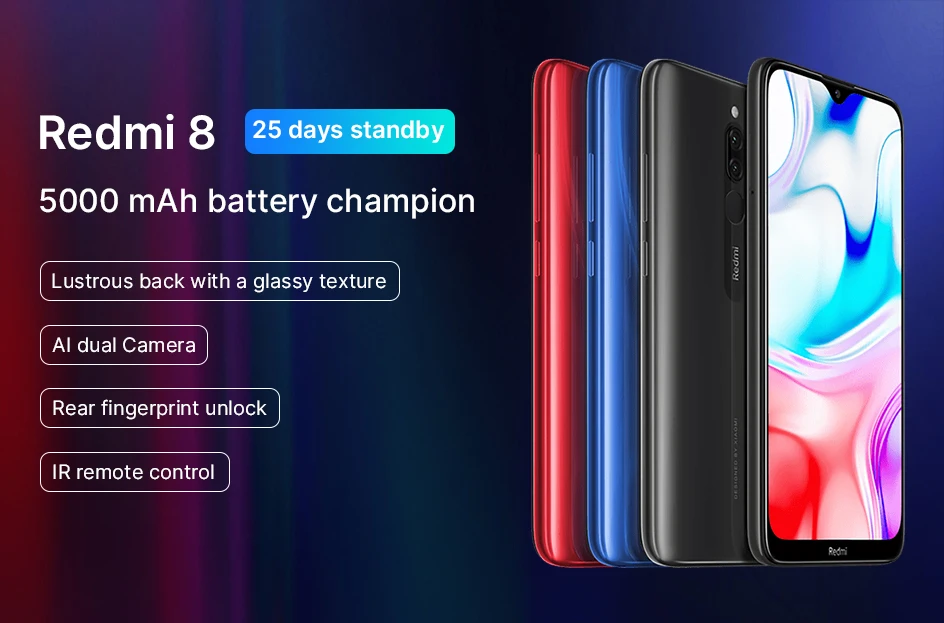 Мобильный телефон Xiaomi Redmi 8, 4 ГБ, 64 ГБ, глобальная версия, 5000 мА/ч, большая батарея, 18 Вт, быстрая зарядка, Восьмиядерный процессор Snapdragon 439, камера 12 МП