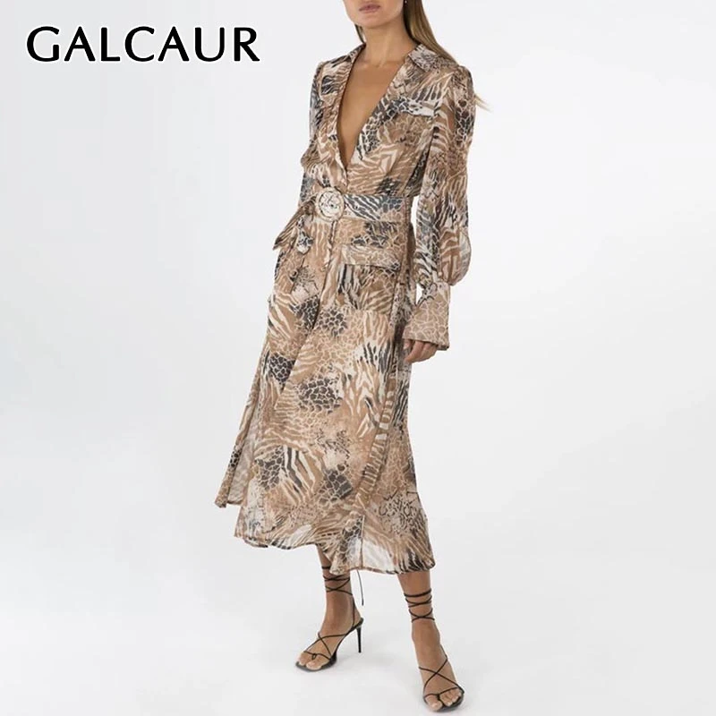 GALCAUR винтажное женское платье с принтом воротник лацканами рукав фонарик высокая